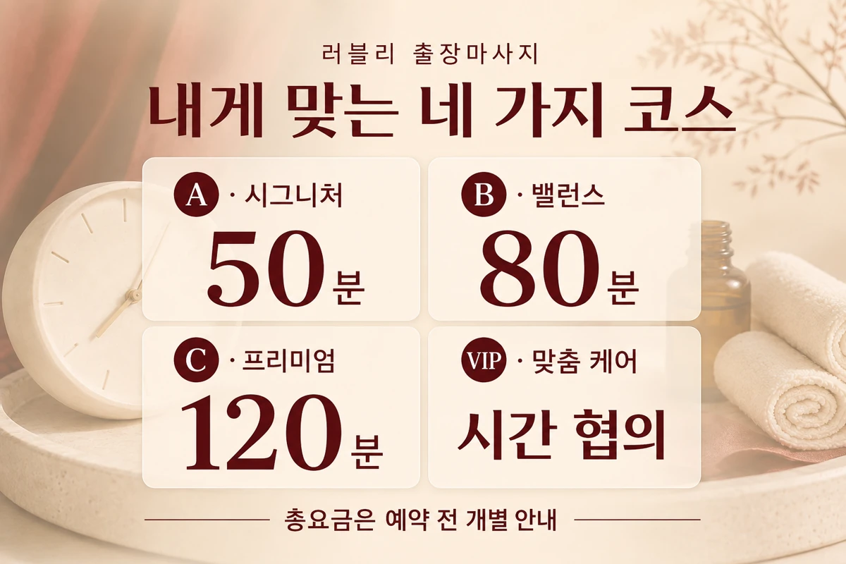 코스 안내: A 시그니처 50분, B 밸런스 80분, C 프리미엄 120분, VIP 시간 협의. 총요금은 예약 전 개별 안내