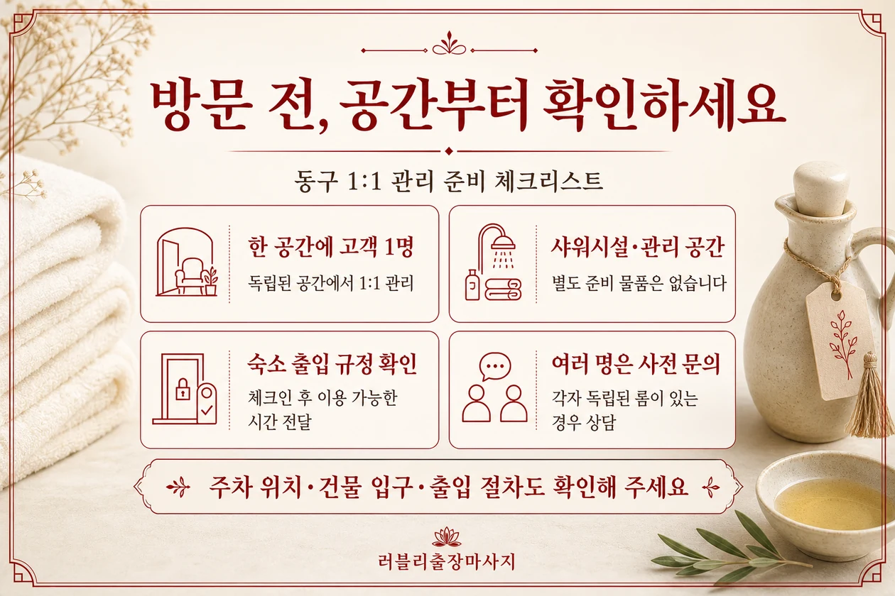 1대1 방문 준비: 한 공간에 고객 1명, 샤워시설과 관리 공간, 숙소 출입 확인, 여러 명은 독립 룸 사전 문의