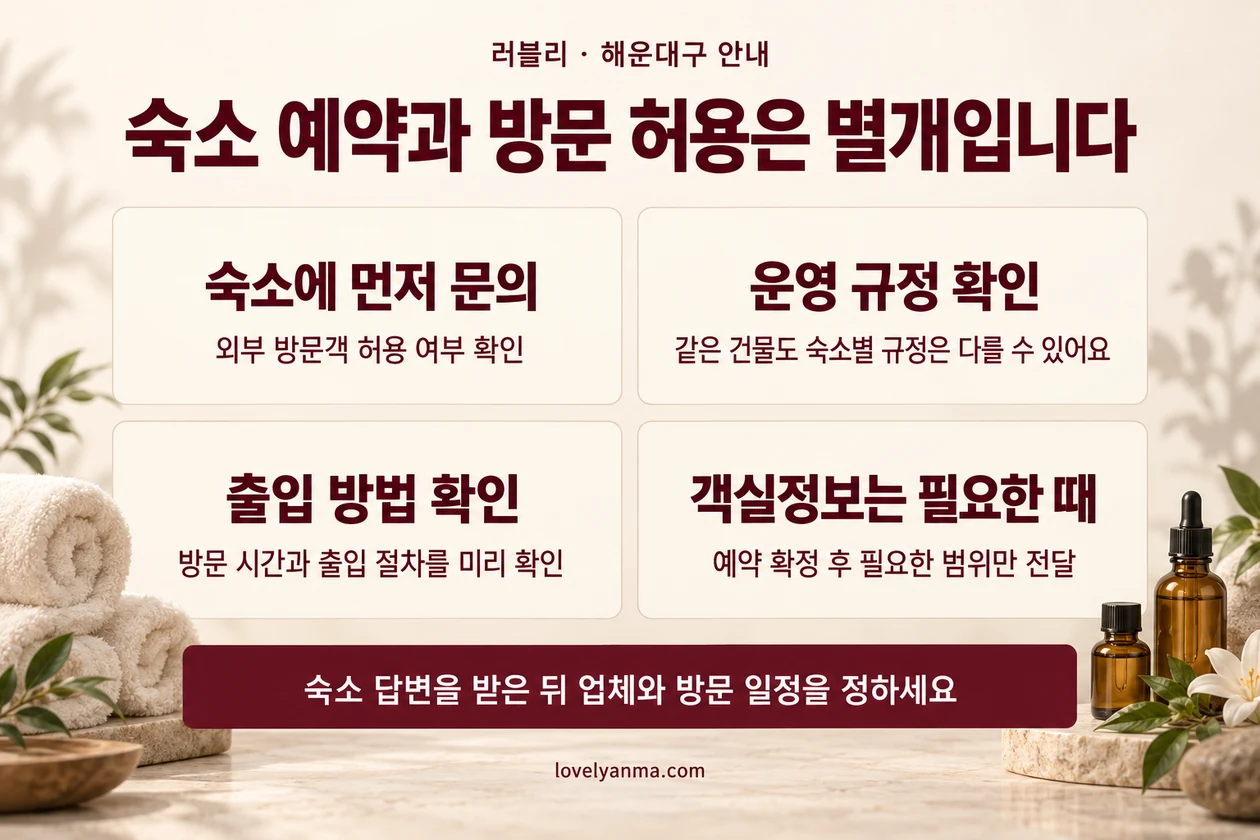 외부 방문객 허용 여부, 숙소별 운영 규정, 출입 방법과 객실정보 전달 시점 안내