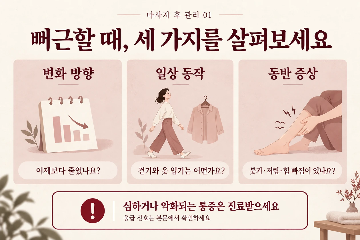마사지 후 통증의 변화 방향·일상 동작·동반 증상을 살펴보고 심하거나 악화되는 통증에는 진료를 권하는 안내