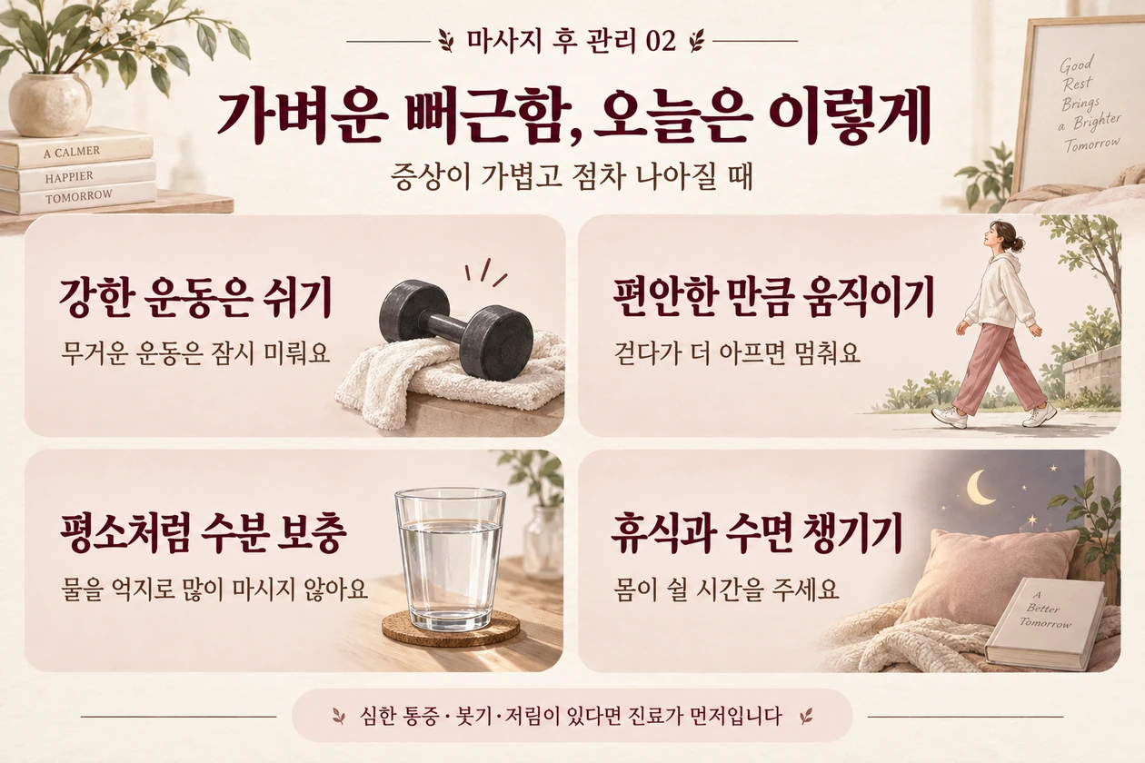 가볍고 호전되는 뻐근함에 강한 운동을 쉬고 편안하게 움직이며 평소 수분과 수면을 챙기는 관리법