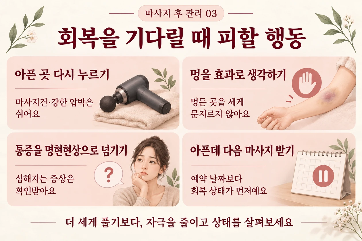 아픈 곳에 강한 압박 주기·멍을 효과로 여기기·통증을 명현현상으로 넘기기·아픈데 다시 마사지 받기를 피하라는 안내