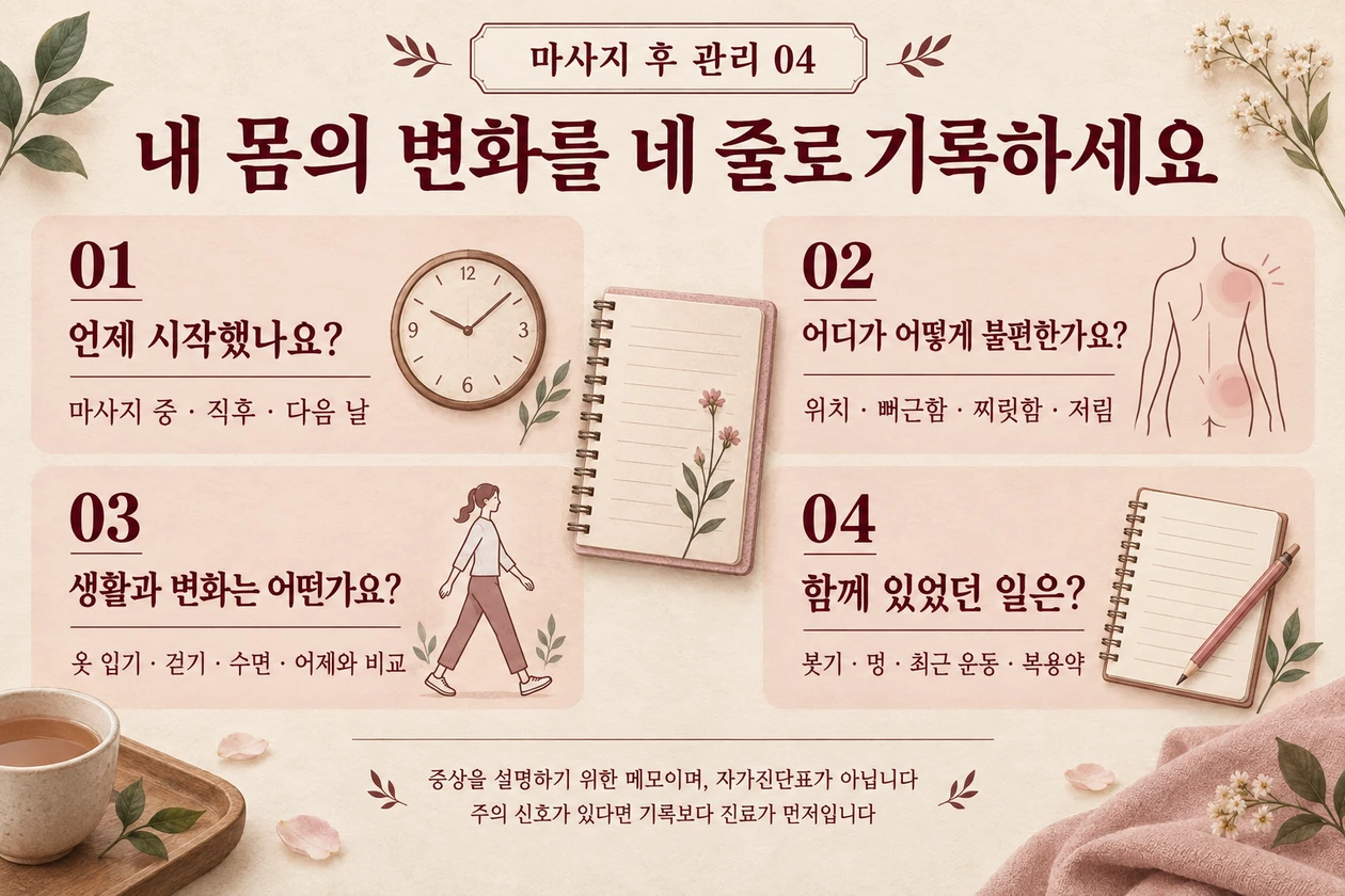 증상이 시작된 때·위치와 느낌·일상생활과 변화·동반 증상과 최근 활동을 기록하는 네 줄 메모