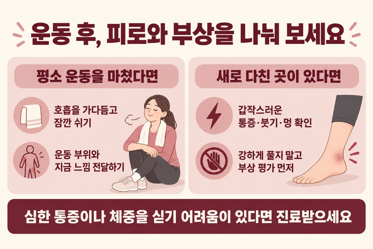 평소 운동 후 휴식·상태 전달과 새 통증·붓기·멍이 있을 때 부상 평가를 구분하는 안내