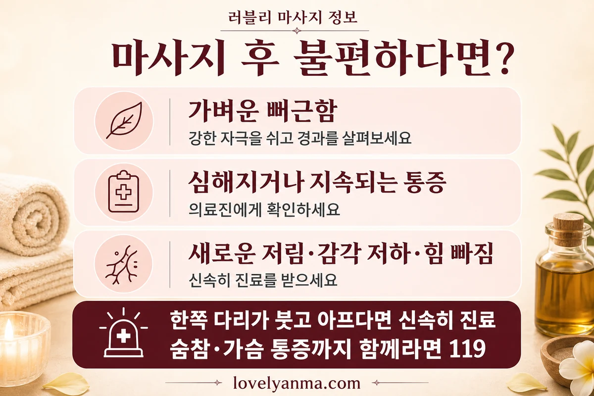 마사지 후 뻐근함과 지속 통증, 새로운 저림을 구분하고 한쪽 다리 부종이나 숨참·가슴 통증에 대응하는 안내
