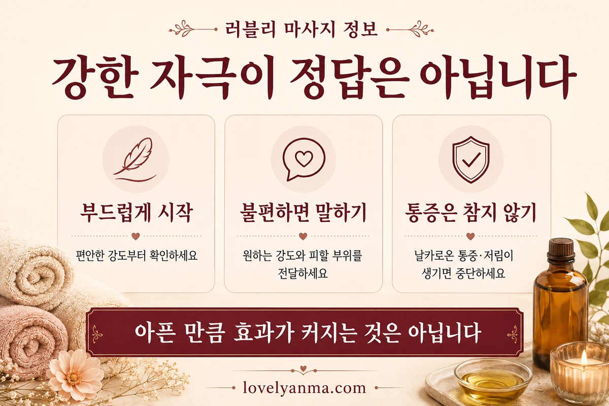 부드럽게 시작하고 불편함을 알리며 날카로운 통증이나 저림이 생기면 중단하는 강도 선택 기준