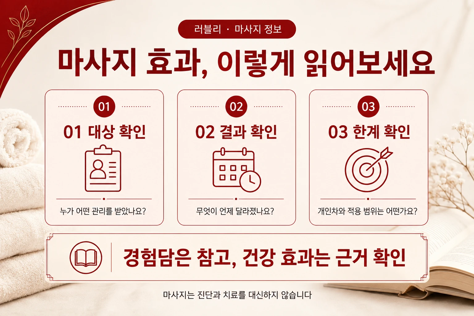 마사지 효과 정보를 읽는 3단계: 대상 확인, 결과 확인, 개인차와 적용 범위 등 한계 확인.