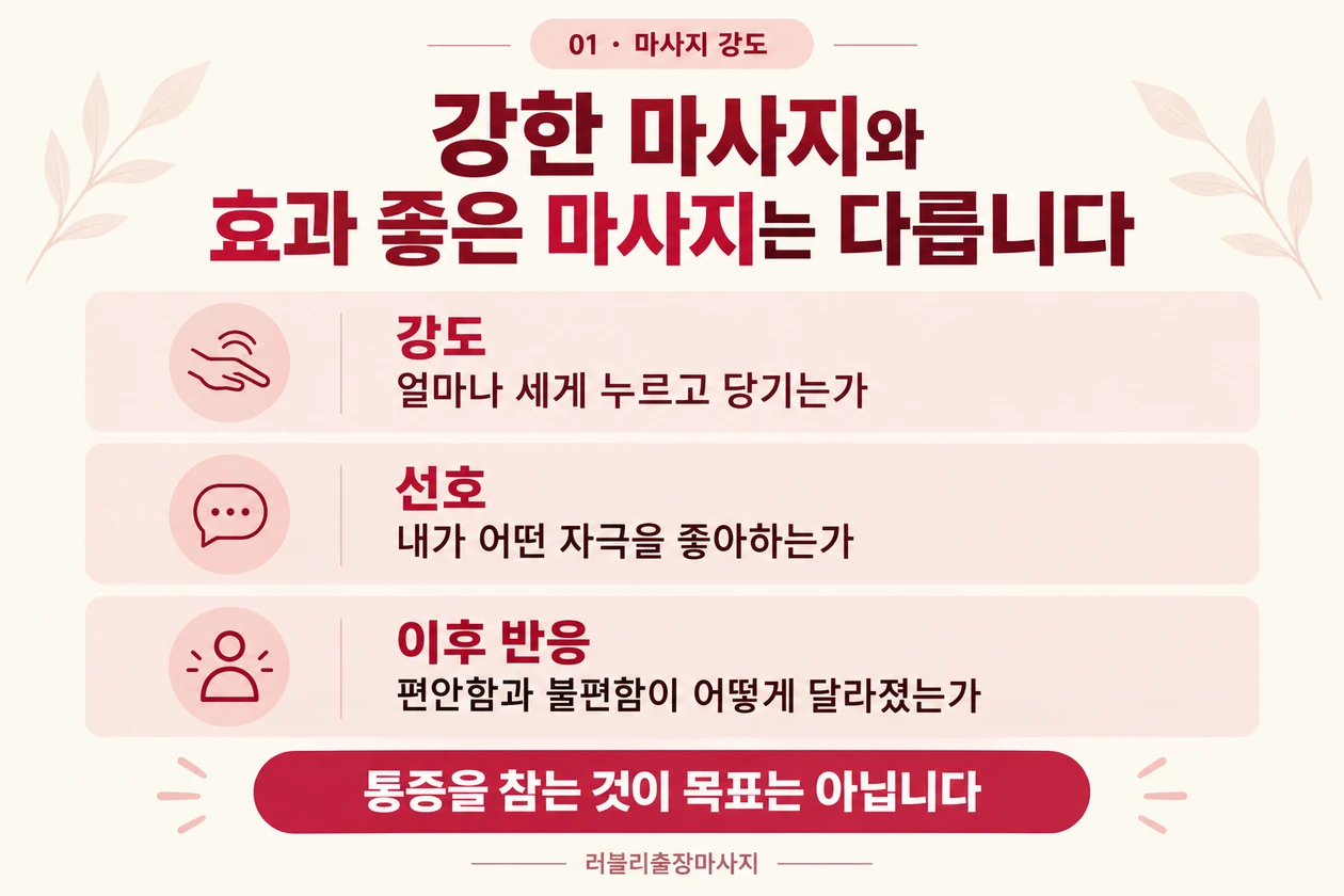 마사지 강도·개인 선호·이후 반응을 구분하고 통증을 참는 것이 목표가 아님을 안내