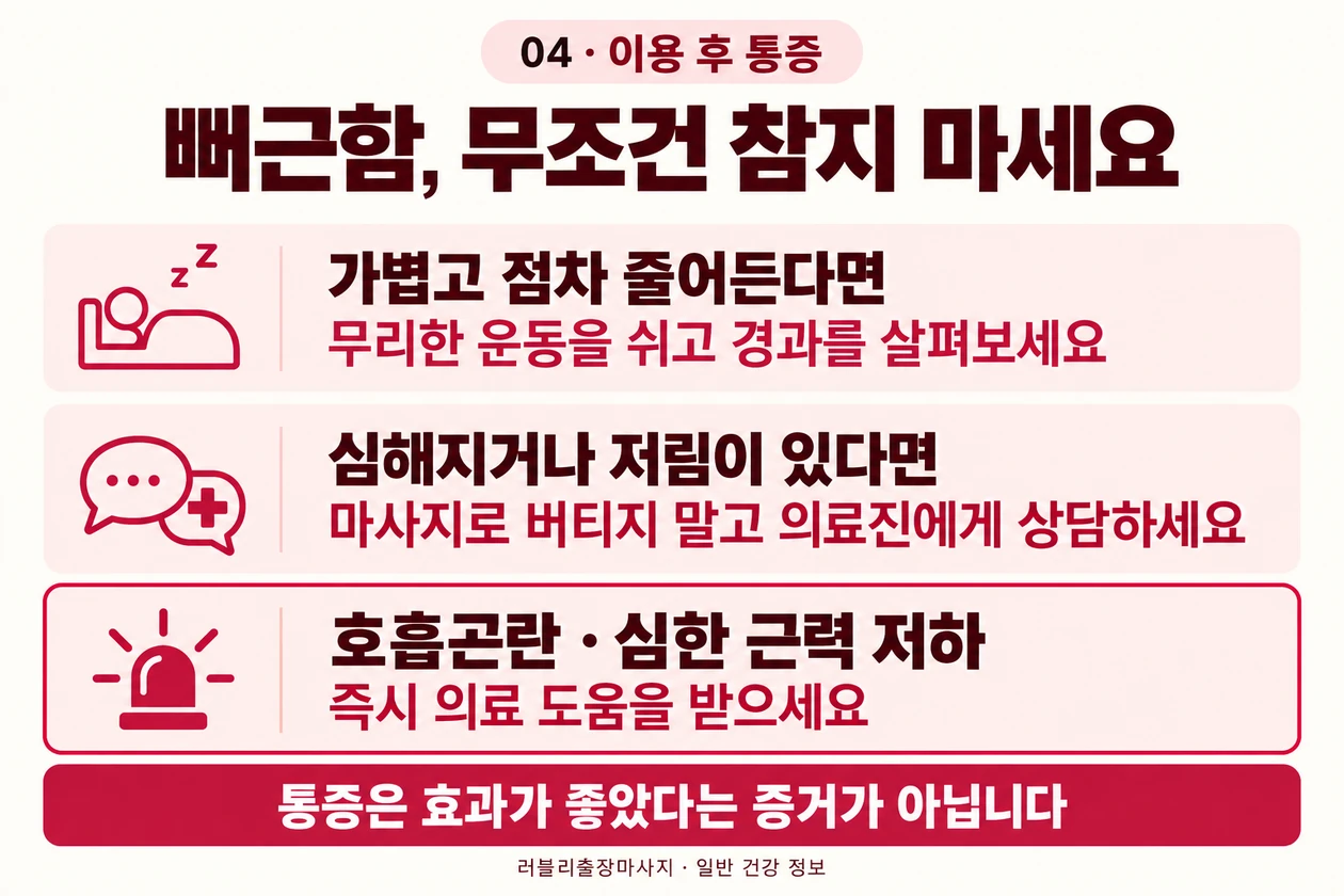 가벼워지는 뻐근함과 악화·저림을 구분하고 호흡곤란·심한 근력 저하에는 즉시 의료 도움을 받도록 안내