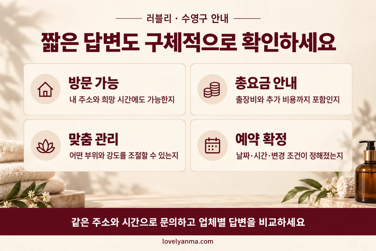 방문 가능 여부, 총요금 포함 범위, 관리 부위·강도와 예약 확정 조건 비교