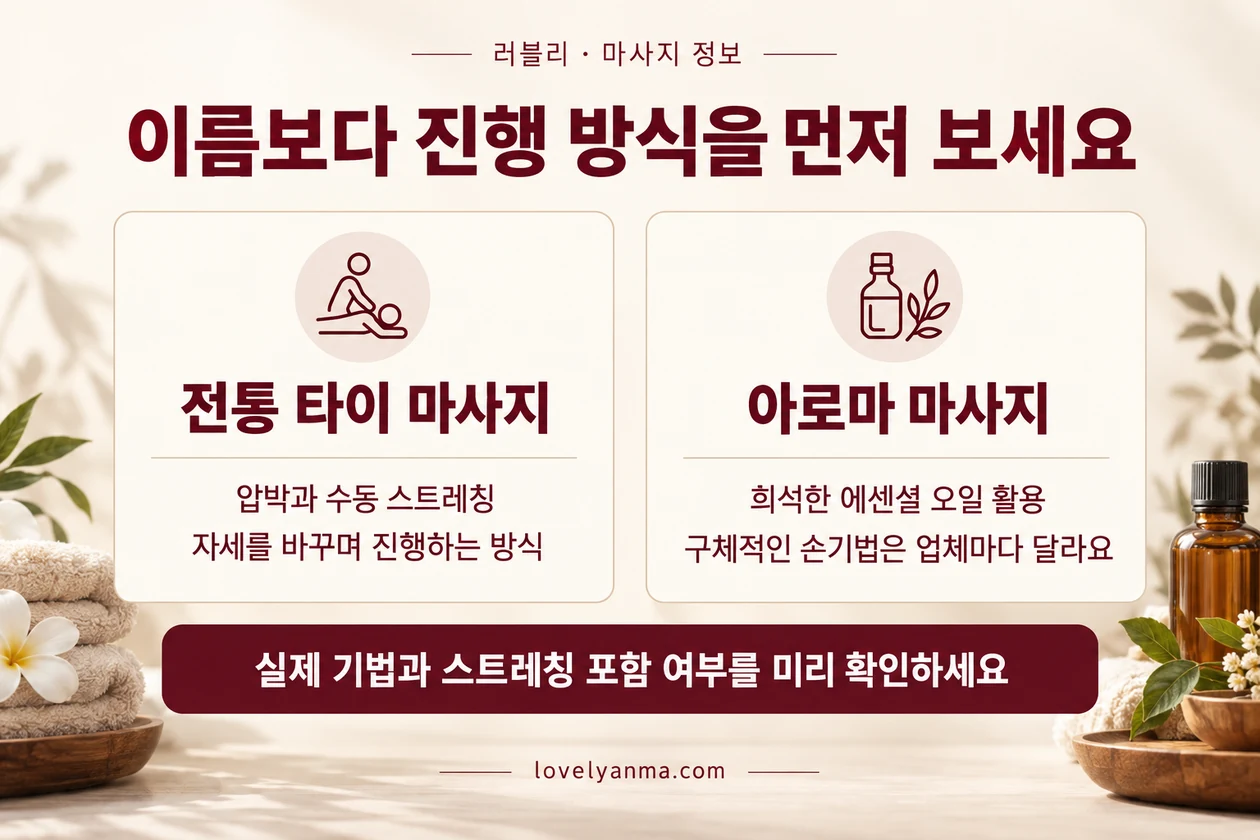 타이 마사지와 아로마 마사지 진행 방식 비교: 압박·수동 스트레칭과 희석 에센셜 오일