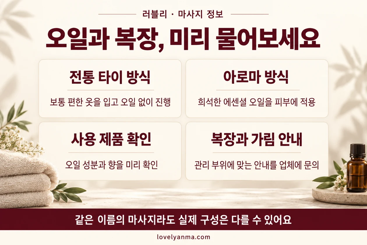 타이 마사지와 아로마 마사지의 오일 사용·복장 차이 및 제품 성분·가림 확인사항
